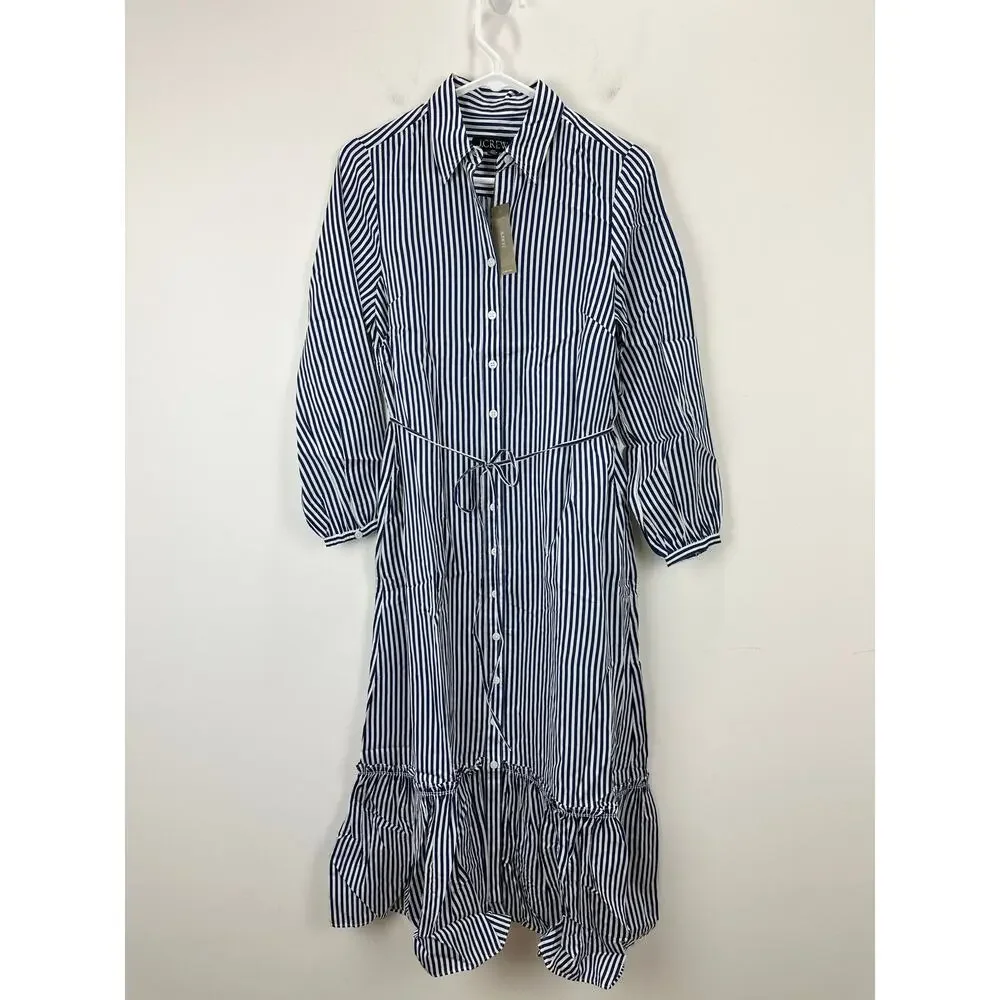 J.Crew Long Amelia Shirt Dress Striped Drapey Viscose Twill Nautical XXS NWT